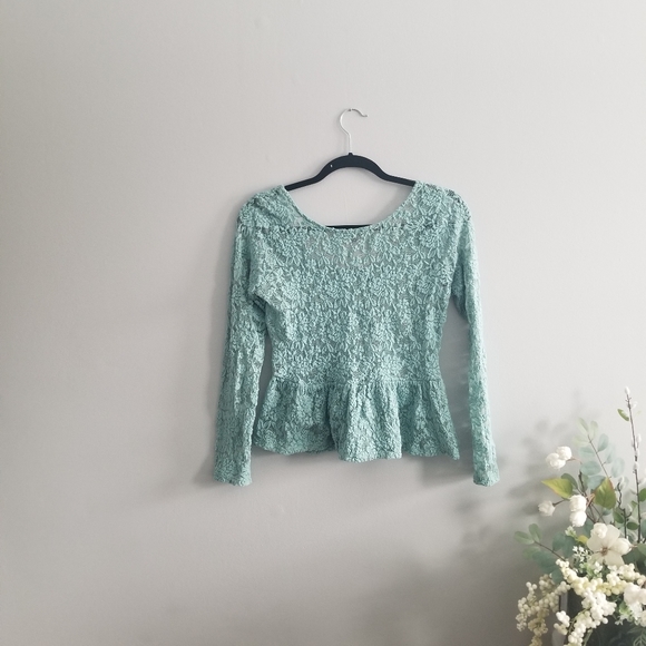 Lily Rose Sheer Teal Lace Peplum Blouse - Picture 2 of 5